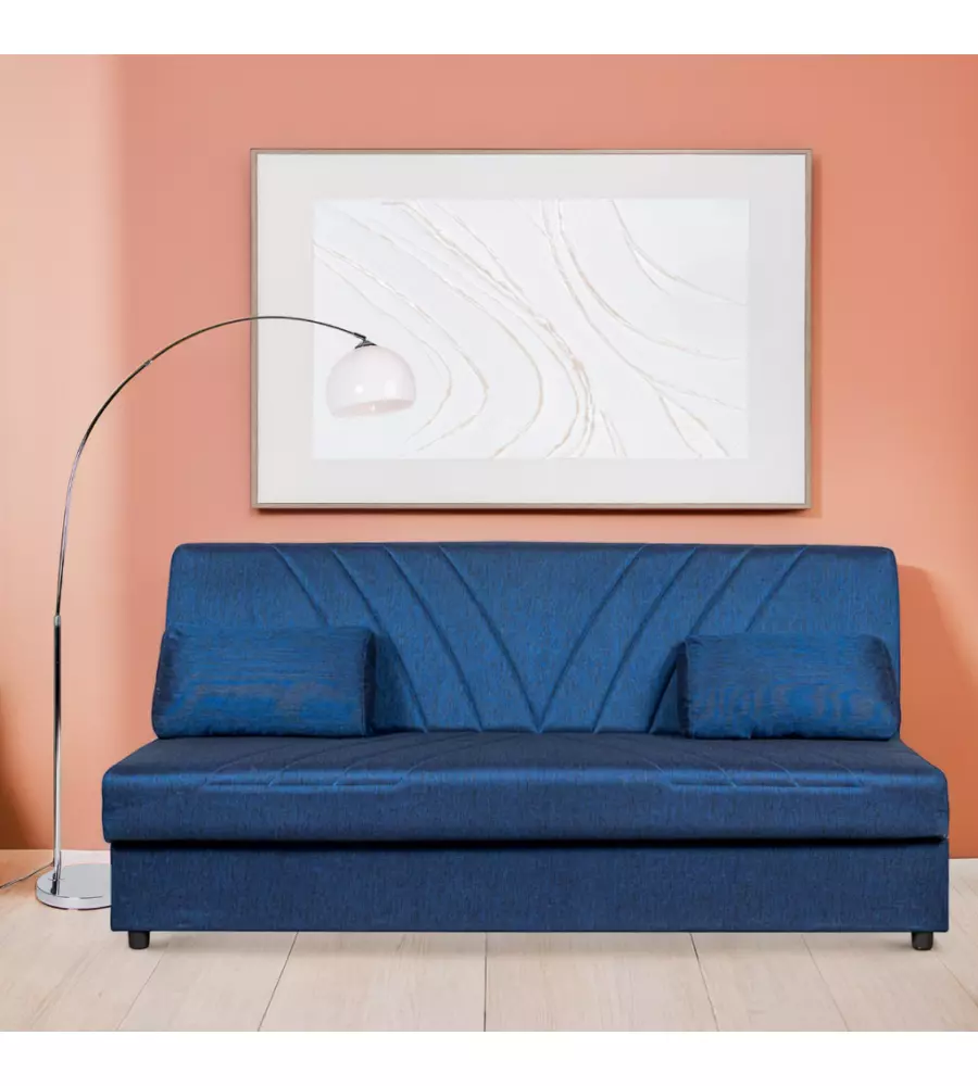 DIVANO LETTO "FIJI" 3 POSTI IN TESSUTO BLU CON CASSETTONE CONTENITORE, 183X81X89 CM