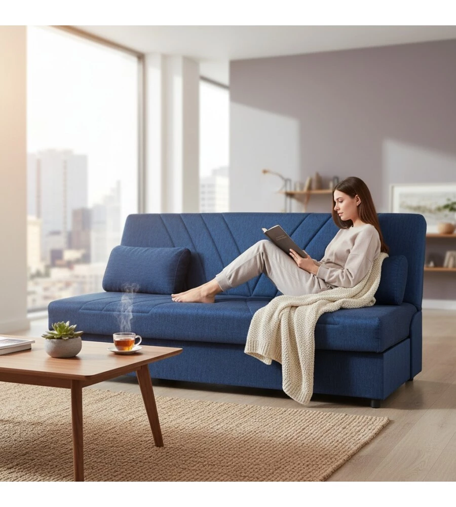 DIVANO LETTO "FIJI" 3 POSTI IN TESSUTO BLU CON CASSETTONE CONTENITORE, 183X81X89 CM