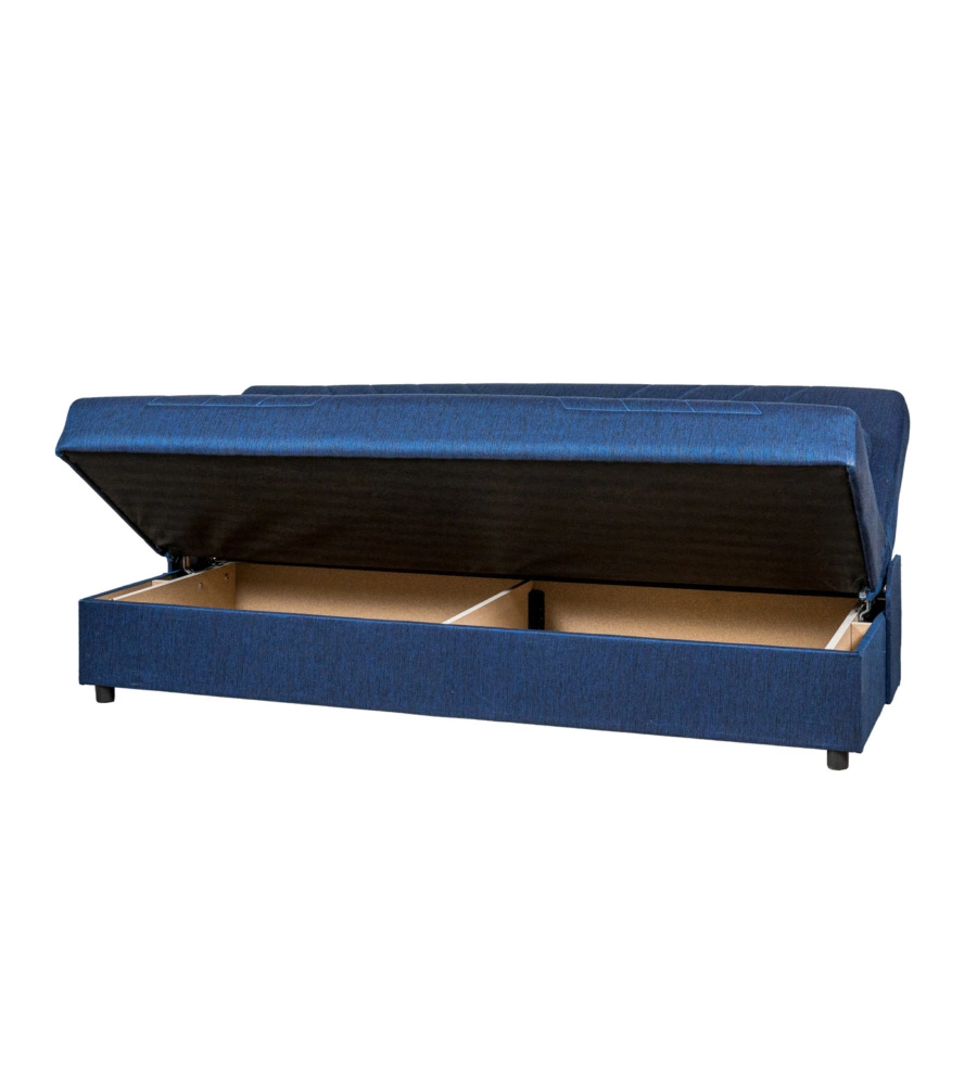 DIVANO LETTO "FIJI" 3 POSTI IN TESSUTO BLU CON CASSETTONE CONTENITORE, 183X81X89 CM