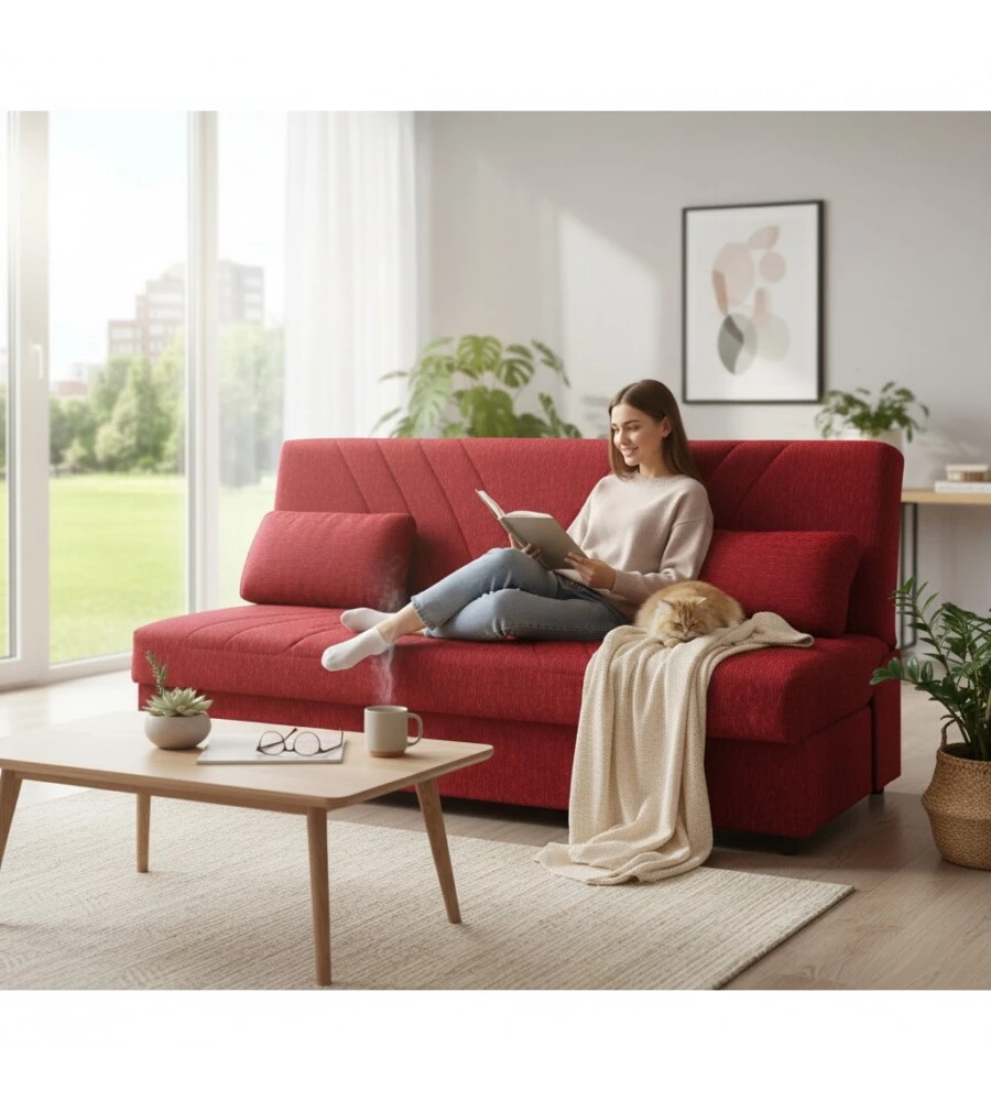 DIVANO LETTO "FIJI" 3 POSTI IN TESSUTO ROSSO CON CASSETTONE CONTENITORE, 183X81X89 CM