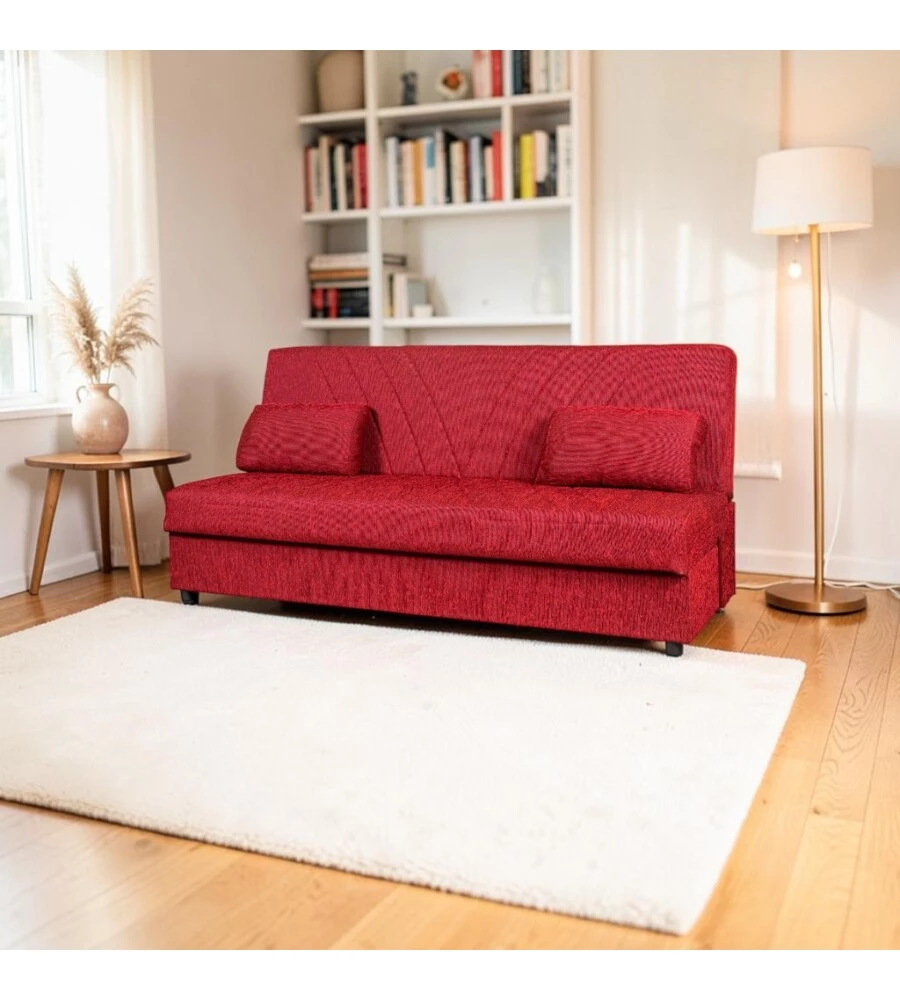 DIVANO LETTO "FIJI" 3 POSTI IN TESSUTO ROSSO CON CASSETTONE CONTENITORE, 183X81X89 CM