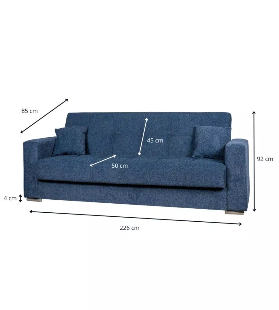 DIVANO LETTO "ATENA" 3 POSTI IN TESSUTO BLU SCURO, 226X85X92 CM