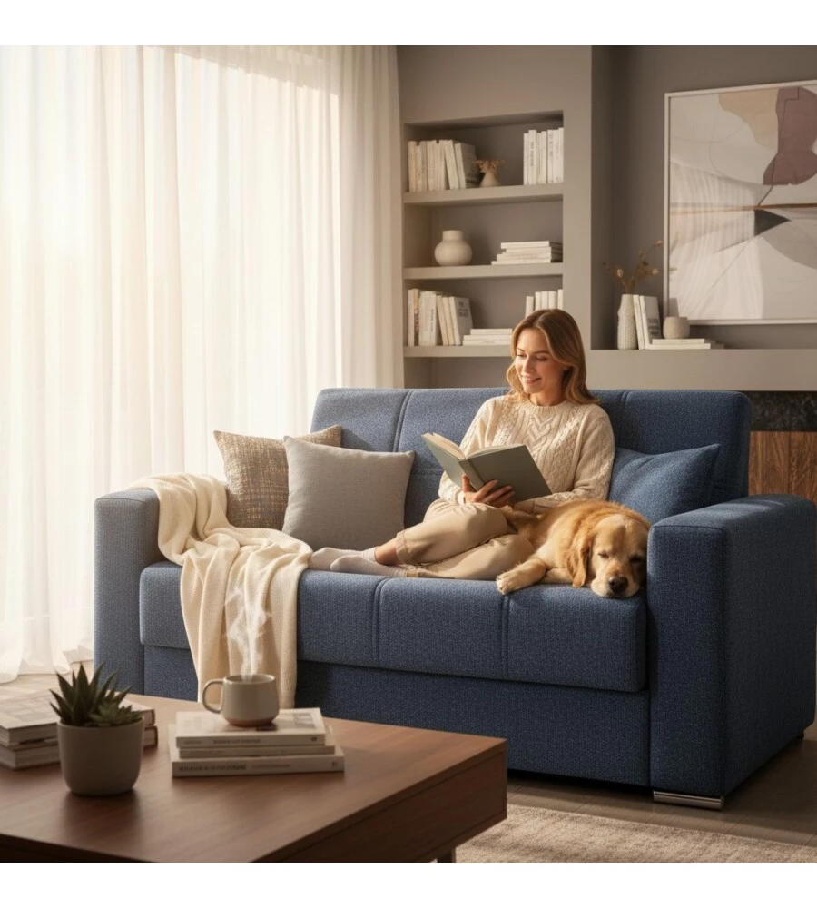 DIVANO LETTO "ATENA" 2 POSTI IN TESSUTO BLU SCURO, 158X85X92 CM