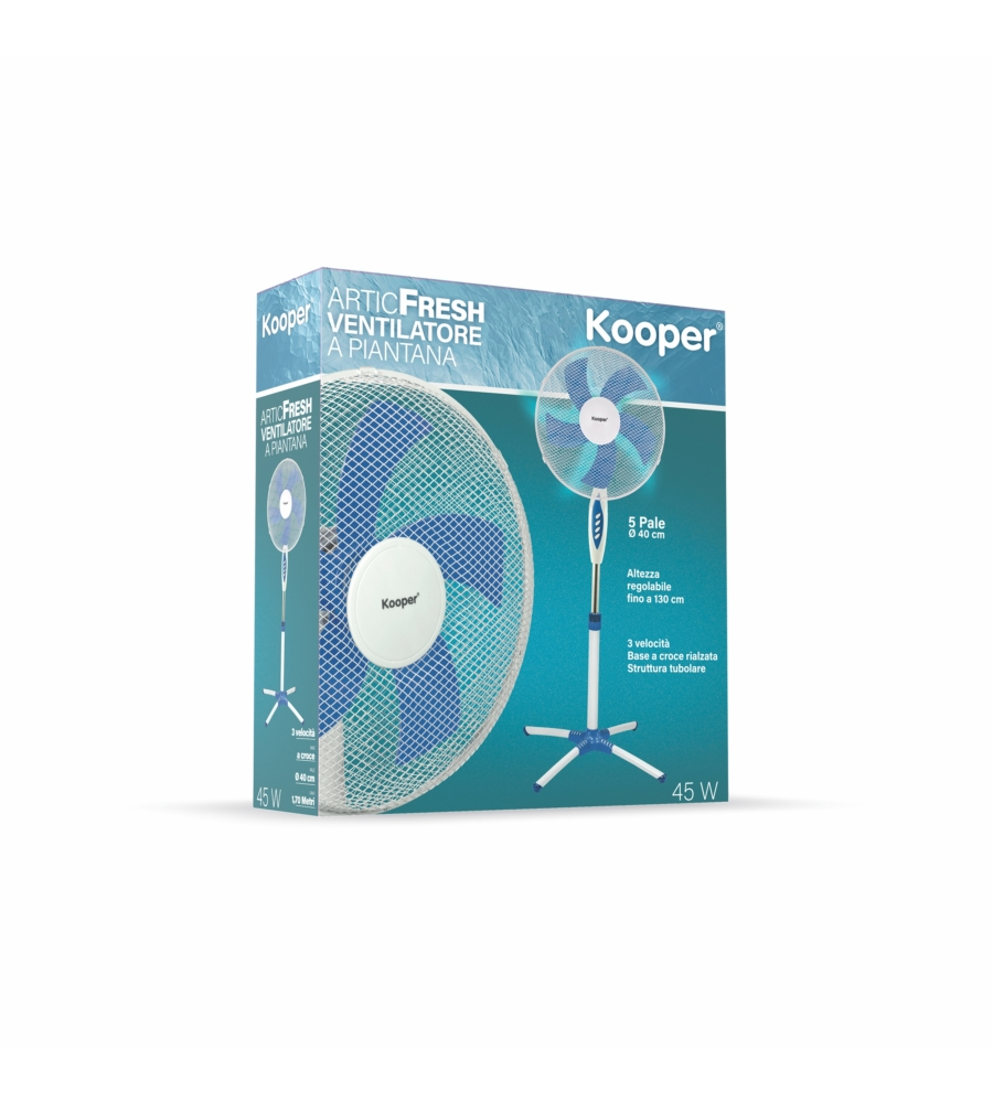 VENTILATORE A PIANTANA 5 PALE COLORE BIANCO E BLU, 130 CM