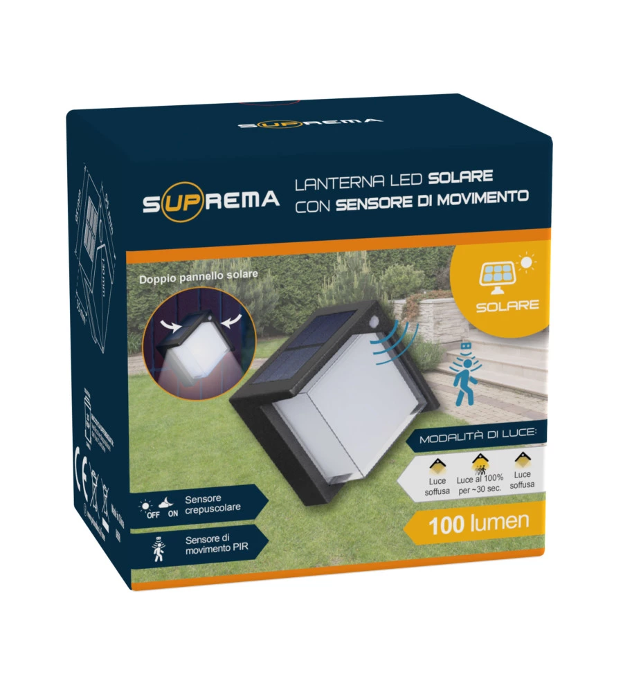 LAMPADA SOLARE LED CON SENSORE DI MOVIMENTO E CREPUSCOLARE - 3 MODALITA' DI LUCE