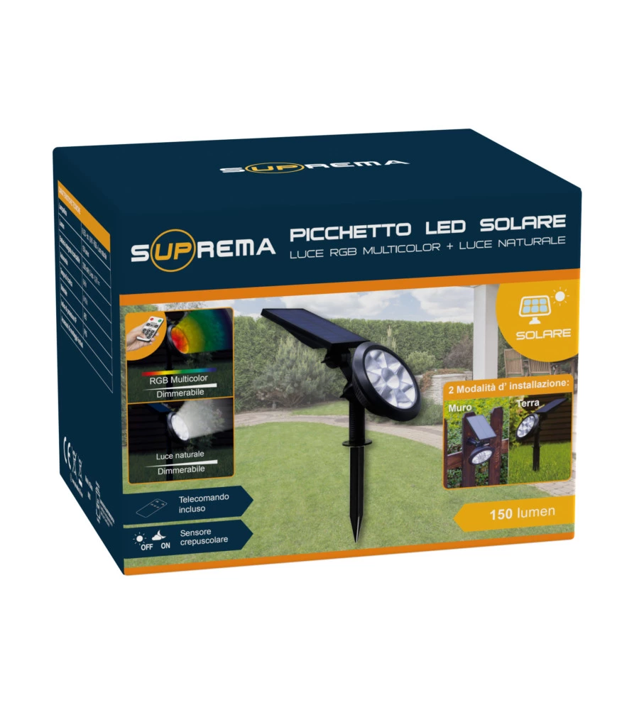PICCHETTO A LED SOLARE CON LUCE RGB MULTICOLOR E NATURALE - 8 LED