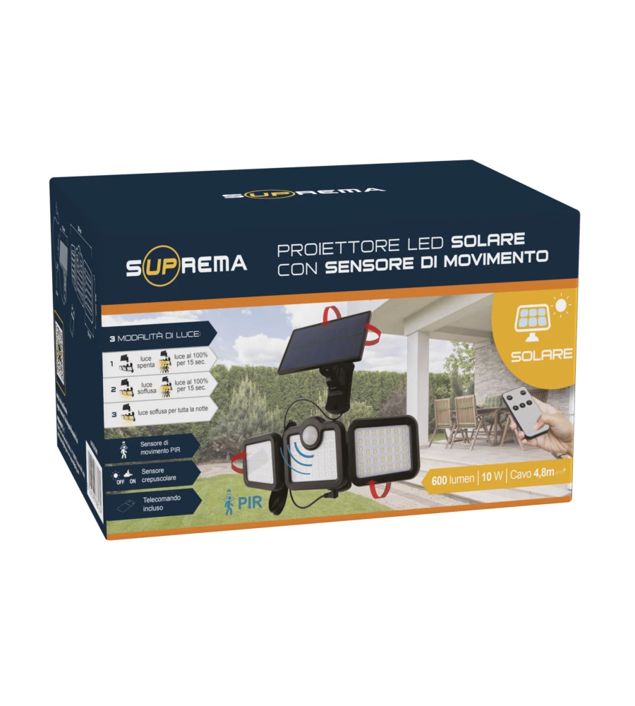 PROIETTORE ORIENTABILE A LED SOLARE - CON 3 PANNELLI - 108 LED