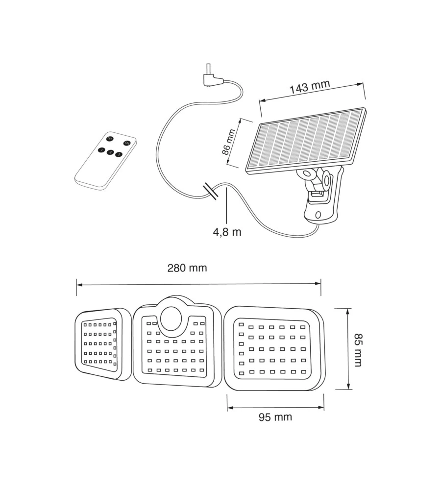 PROIETTORE ORIENTABILE A LED SOLARE - CON 3 PANNELLI - 108 LED