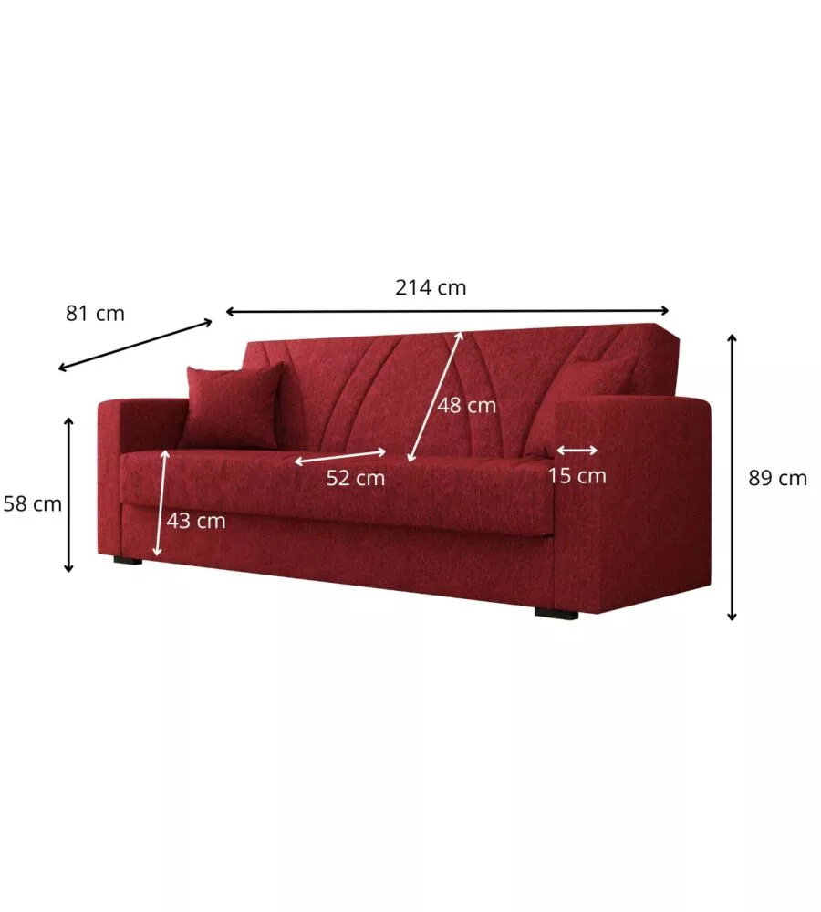DIVANO LETTO BELLAHOME "IBIZA" 3 POSTI TESSUTO ROSSO, 214X89X81 CM