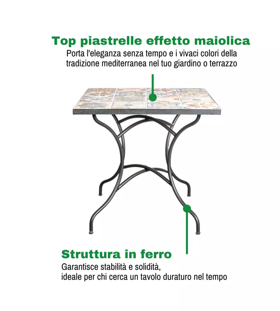 TAVOLO DA ESTERNO EUROGARDEN "POMPEI" IN FERRO CON TOP PIASTRELLE GRES 80X80X75 CM