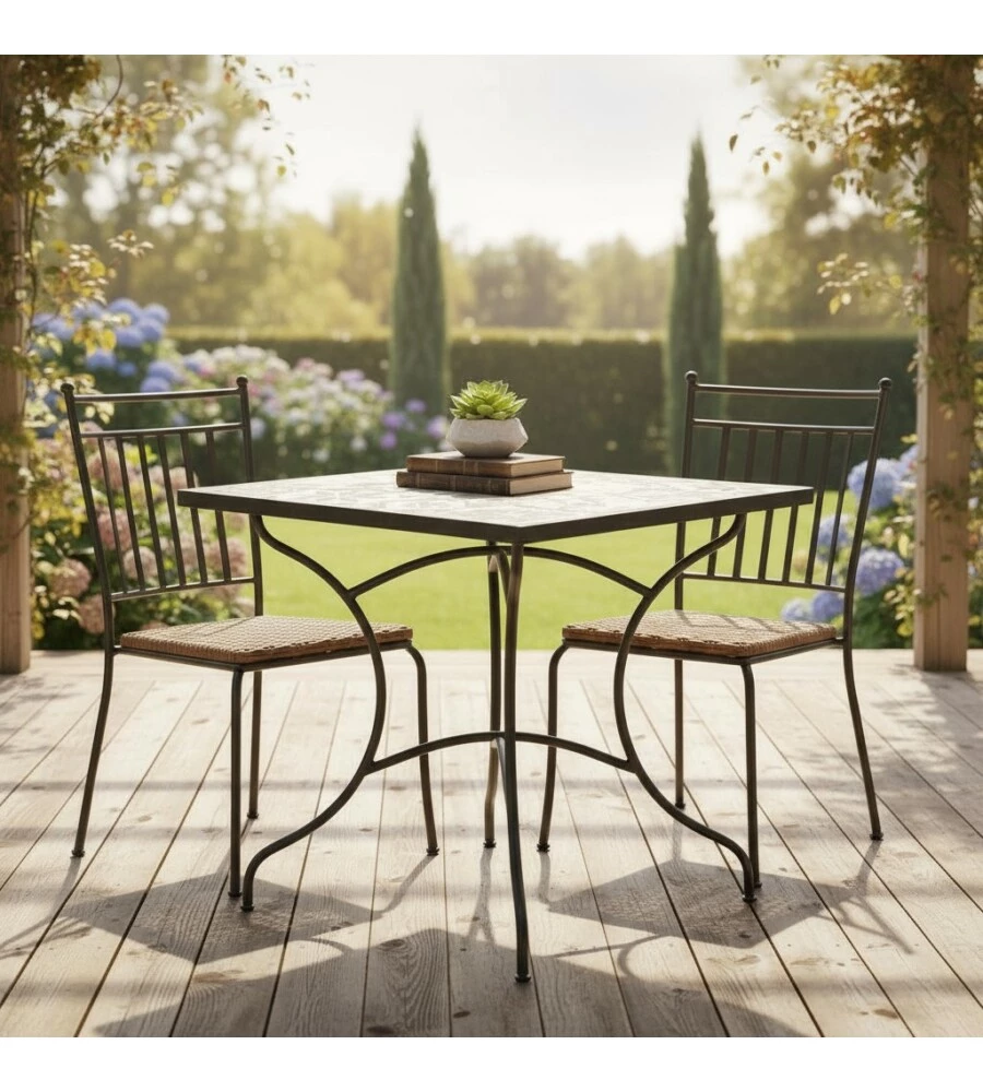 TAVOLO DA ESTERNO EUROGARDEN "POMPEI" IN FERRO CON TOP PIASTRELLE GRES 80X80X75 CM