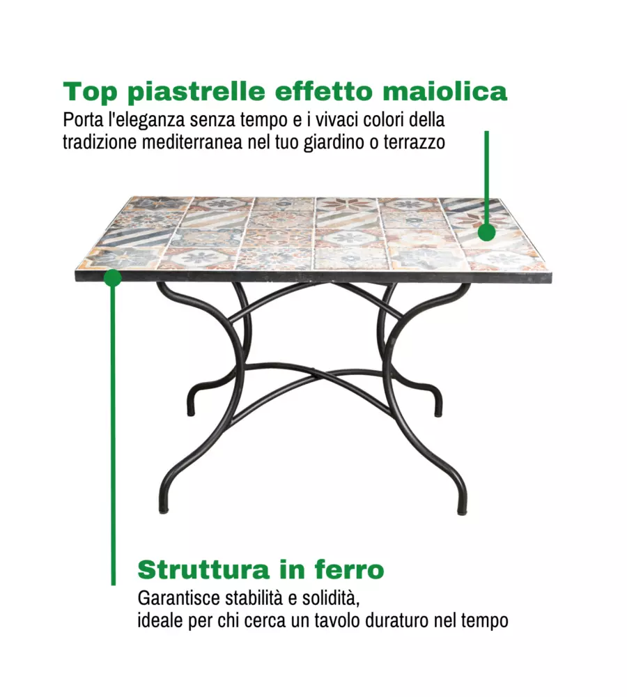TAVOLO DA ESTERNO EUROGARDEN "POMPEI" IN FERRO CON TOP PIASTRELLE GRES 120X80X75 CM