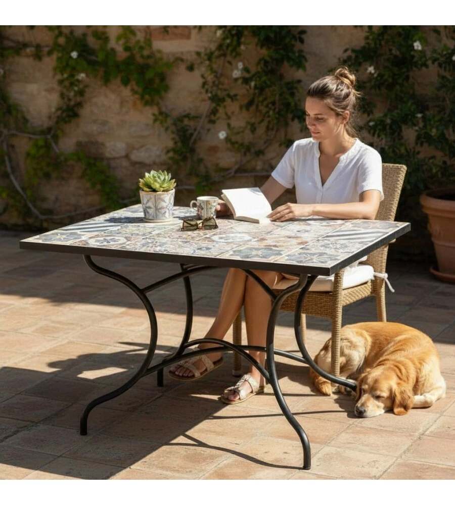 TAVOLO DA ESTERNO EUROGARDEN "POMPEI" IN FERRO CON TOP PIASTRELLE GRES 120X80X75 CM