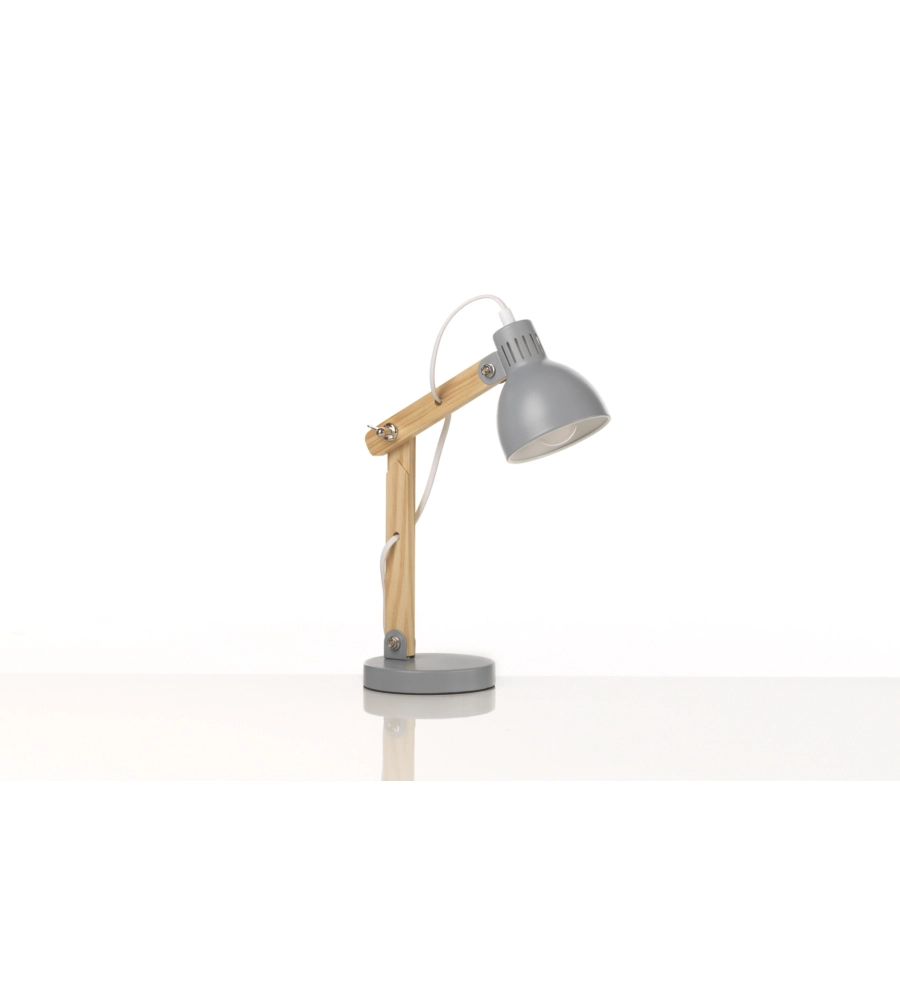 LAMPADA DA TAVOLO "NORA" IN LEGNO E METALLO GRIGIO, E14