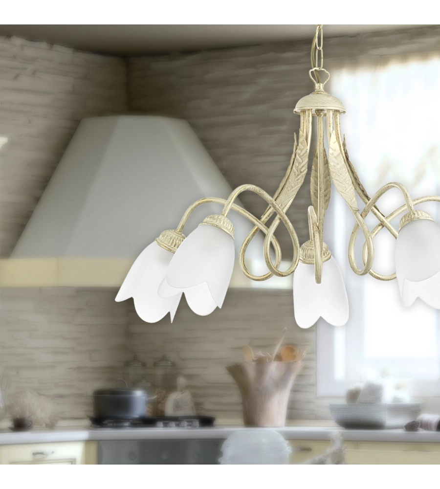 LAMPADARIO "SHABBY" 5 LUCI METALLO COLOR AVORIO, E14