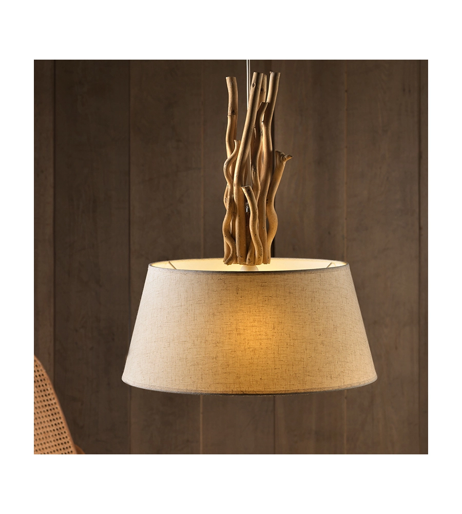 LAMPADA A SOSPENSIONE "WOODY" LEGNO E STOFFA, E27
