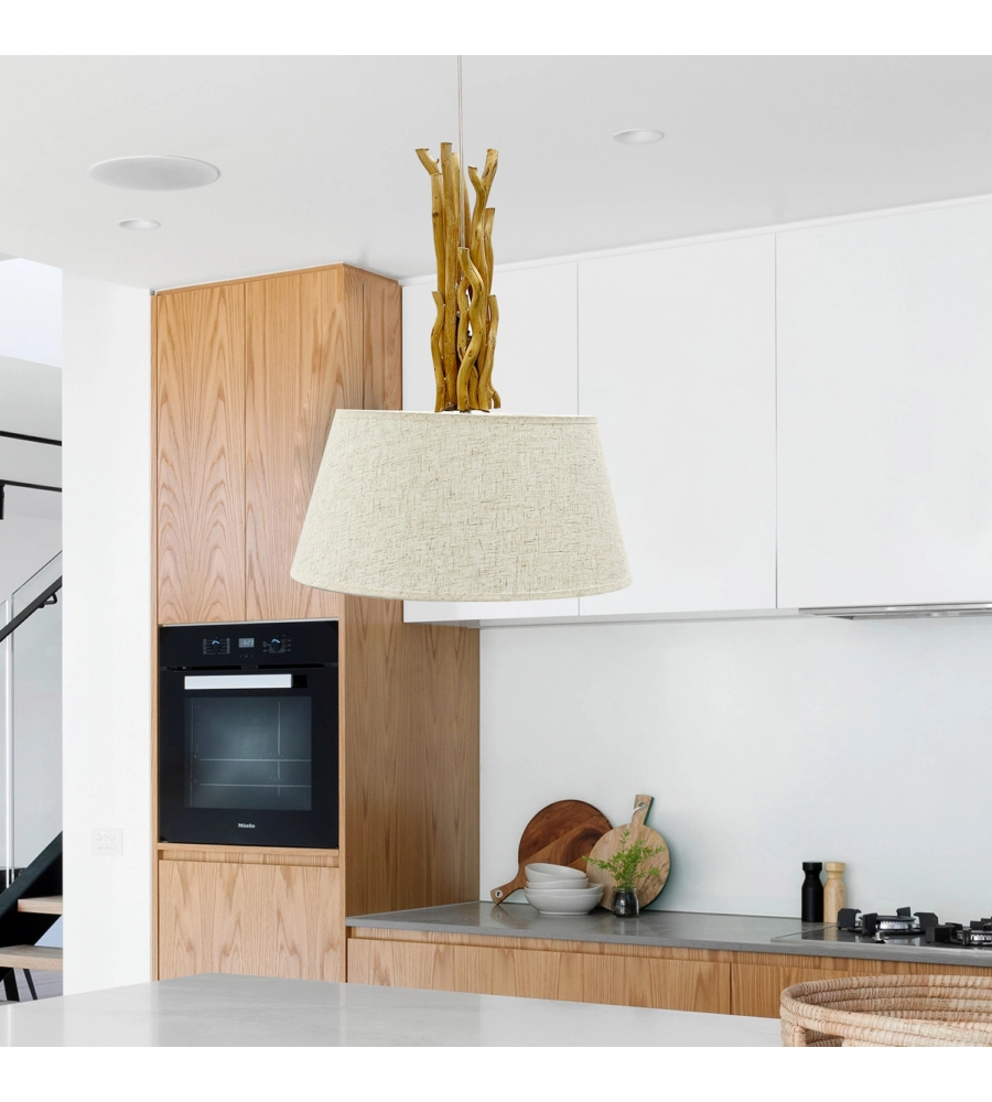 LAMPADA A SOSPENSIONE "WOODY" LEGNO E STOFFA, E27