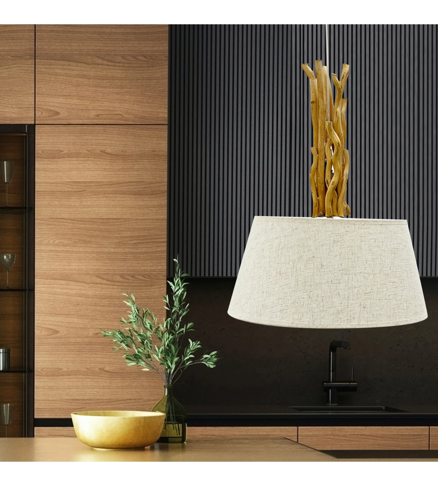 LAMPADA A SOSPENSIONE "WOODY" LEGNO E STOFFA, E27