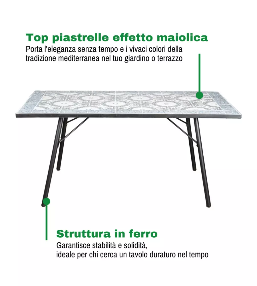 TAVOLO DA ESTERNO EUROGARDEN "VENEZIA" IN FERRO CON TOP PIASTRELLE GRES 160X80X75 CM
