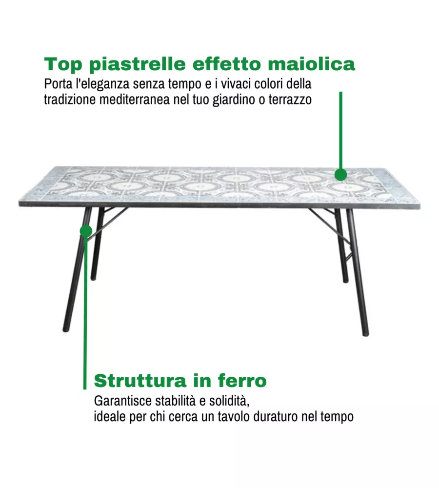 TAVOLO DA ESTERNO EUROGARDEN "VENEZIA" IN FERRO CON TOP PIASTRELLE GRES 200X80X75 CM