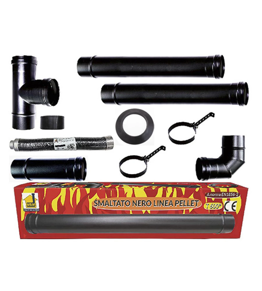 KIT STUFA A PELLET ERMETICA NERO SMALTATO, TUBI 80 MM