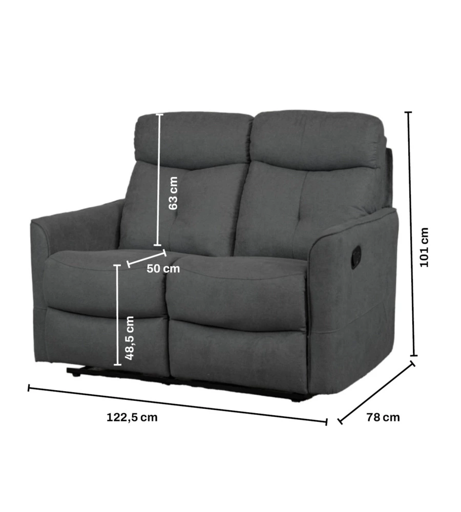 DIVANO 2 POSTI BELLAHOME "MIA" CON RECLINER MANUALE GRIGIO ANTRACITE 127X90X101 CM