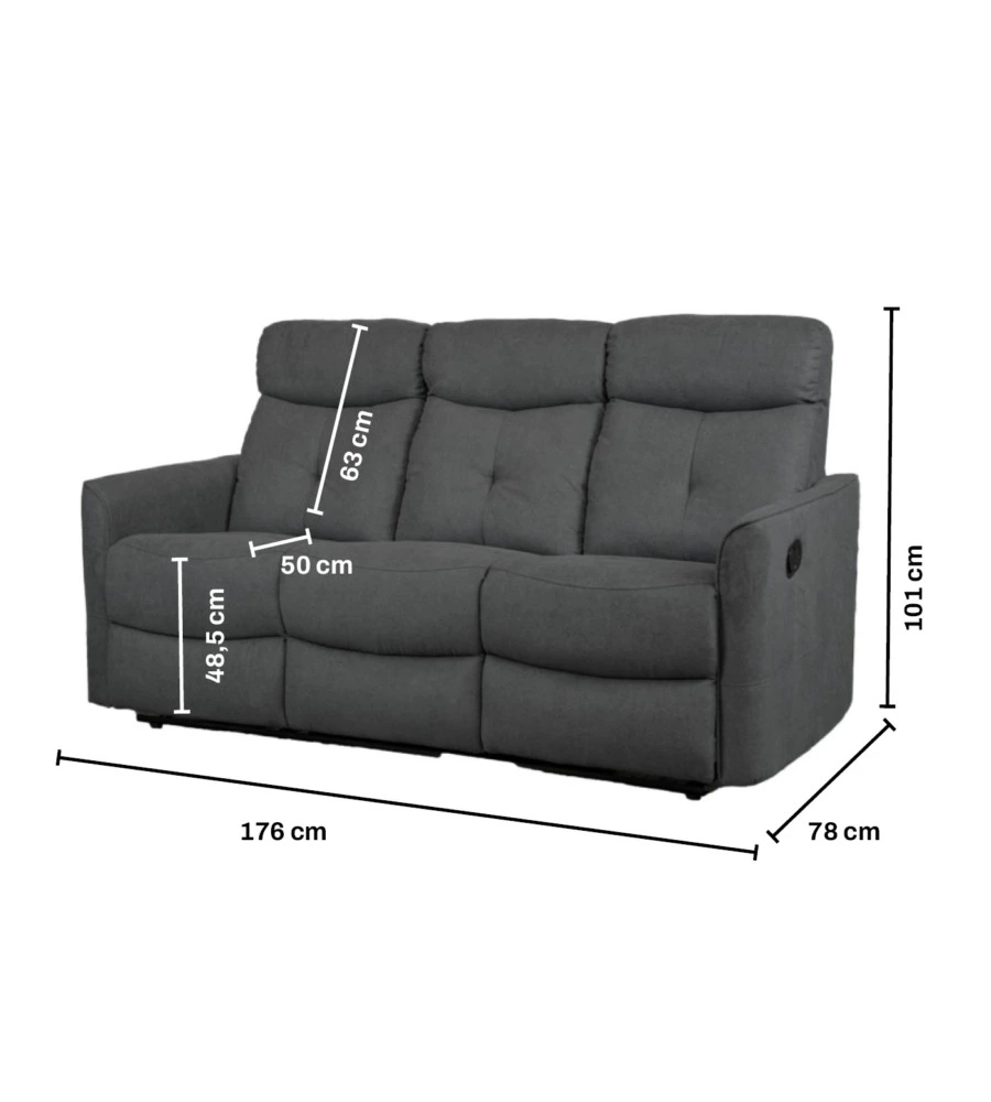 DIVANO 3 POSTI "MIA" CON RECLINER MANUALE GRIGIO ANTRACITE 179X90X101 CM