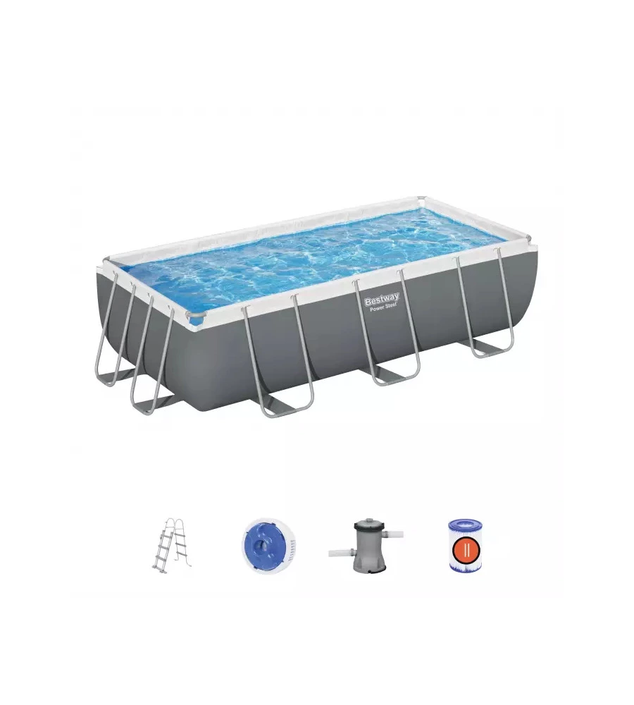 PISCINA FUORI TERRA CON STRUTTURA RETTANGOLARE BESTWAY "POWER STEEL FRAME" CON POMPA, FILTRO E SCALETTA E CHEMCONNECT GRIGIO SCURO 404X201X100 CM - COD. 56441-NEW