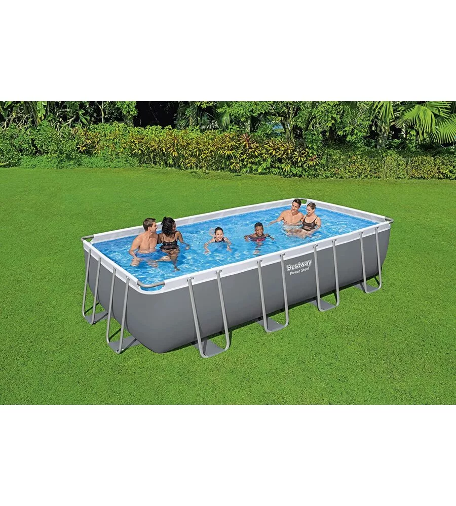 PISCINA FUORI TERRA CON STRUTTURA RETTANGOLARE BESTWAY "POWER STEEL FRAME" CON DI POMPA, SCALETTA, COPERTURA E CHEMCONNECT ANTRACITE 549X274X122 CM - COD. 56466-NEW