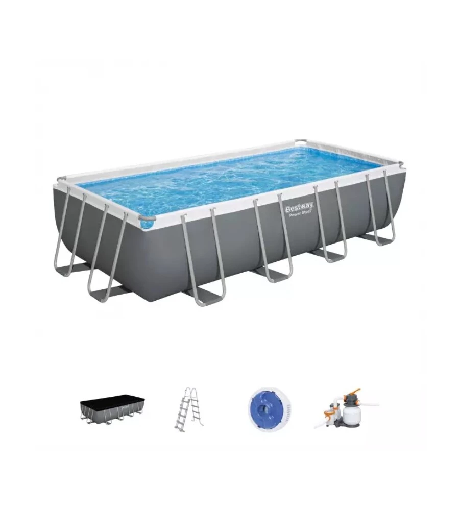 PISCINA FUORI TERRA CON STRUTTURA RETTANGOLARE BESTWAY "POWER STEEL FRAME" CON DI POMPA, SCALETTA, COPERTURA E CHEMCONNECT ANTRACITE 549X274X122 CM - COD. 56466-NEW
