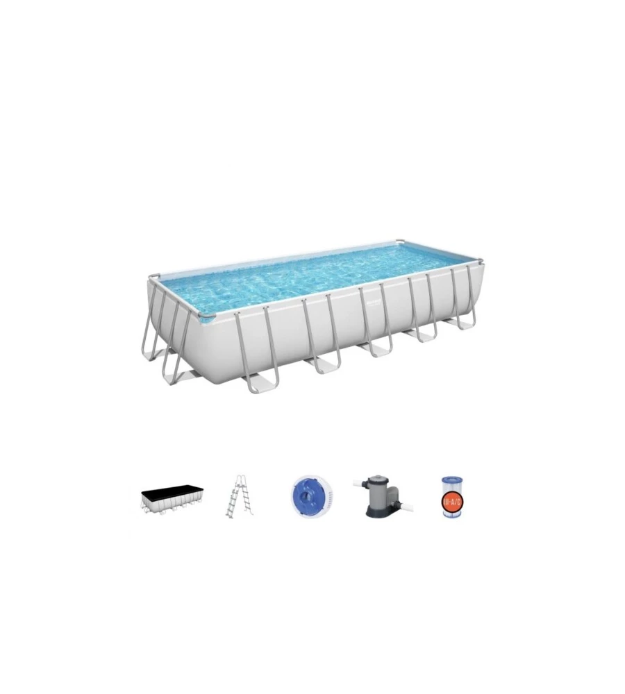PISCINA FUORI TERRA RETTANGOLARE CON STRUTTURA BESTWAY "POWER STEEL FRAME" CON POMPA, SCALETTA, COVER E CHEMCONNECT GRIGIO CHIARO 640X274X132 CM - COD. 5612B