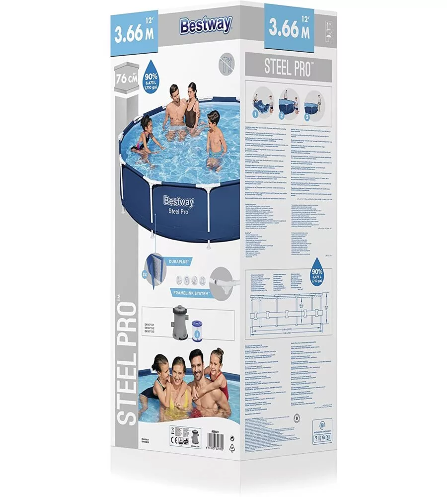 PISCINA FUORI TERRA CON STRUTTURA ROTONDA BESTWAY "STEEL PRO" CON POMPA E FILTRO A CARTUCCIA BLU NAVY 366X76 CM - COD. 56681-NEW