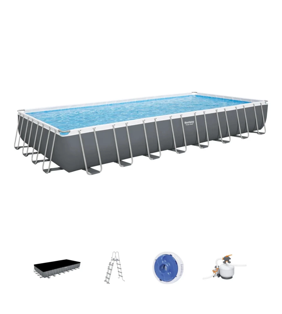 PISCINA FUORI TERRA CON STRUTTURA RETTANGOLARE BESTWAY "POWER STEEL FRAME" CON TELO, POMPA E SCALETTA GRIGIO SCURO 956X488X132 CM - COD. 56623-NEW