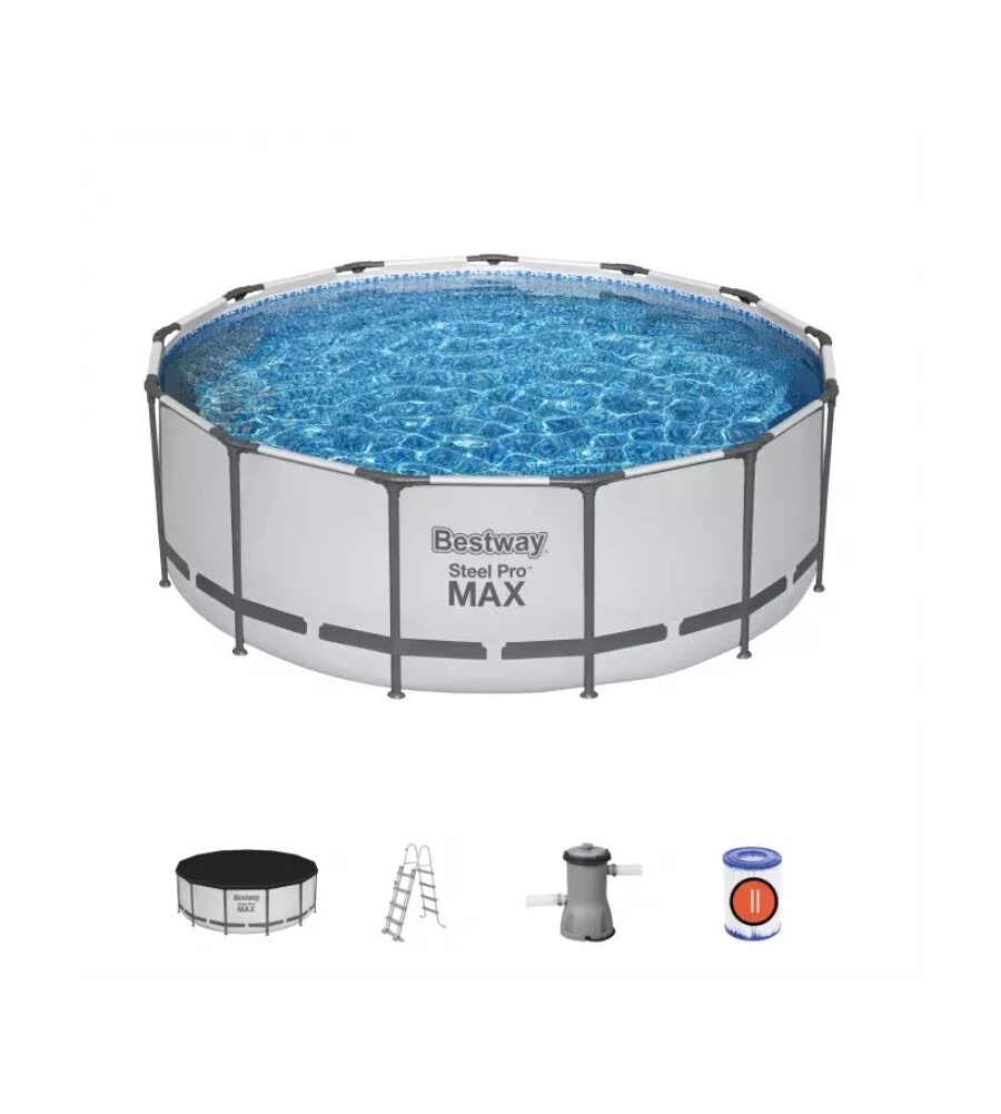 PISCINA FUORI TERRA CON STRUTTURA ROTONDA BESTWAY "PRO MAX" CON POMPA, FILTRO, TELO DI COPERTURA E SCALETTA GRIGIO CHIARO 396X122 CM - COD. 5618W