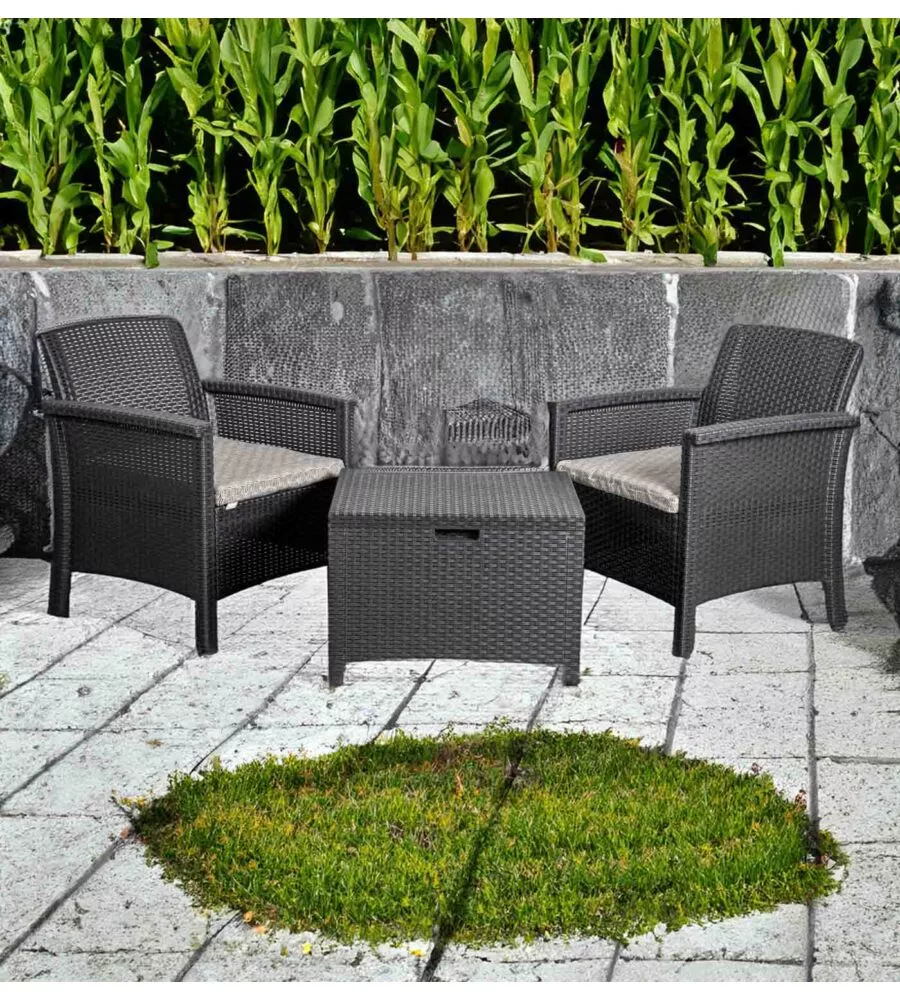 SET DA GIARDINO "MALINDI BALCONY" IN POLIPROPILENE CON CUSCINI ANTRACITE 2 SEDUTE E TAVOLINO