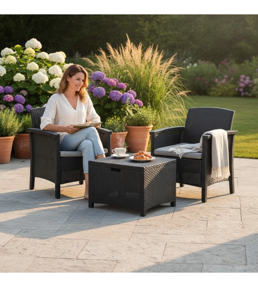 SET DA GIARDINO "MALINDI BALCONY" IN POLIPROPILENE CON CUSCINI ANTRACITE 2 SEDUTE E TAVOLINO