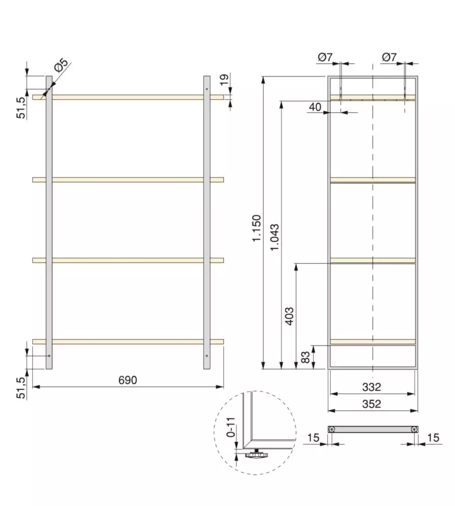 SCAFFALE LADER CON STRUTTURA E RIPIANI ACCIAIO E LEGNO, 115 CM