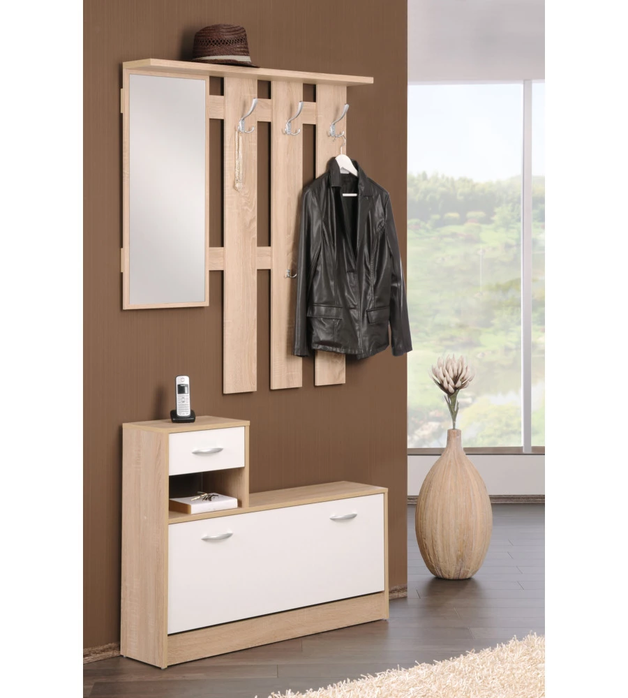 MOBILE DA INGRESSO CON SPECCHIO E APPENDIABITI BIANCO E QUERCIA, 100X25X180 CM