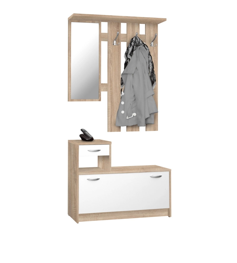 MOBILE DA INGRESSO CON SPECCHIO E APPENDIABITI BIANCO E QUERCIA, 100X25X180 CM