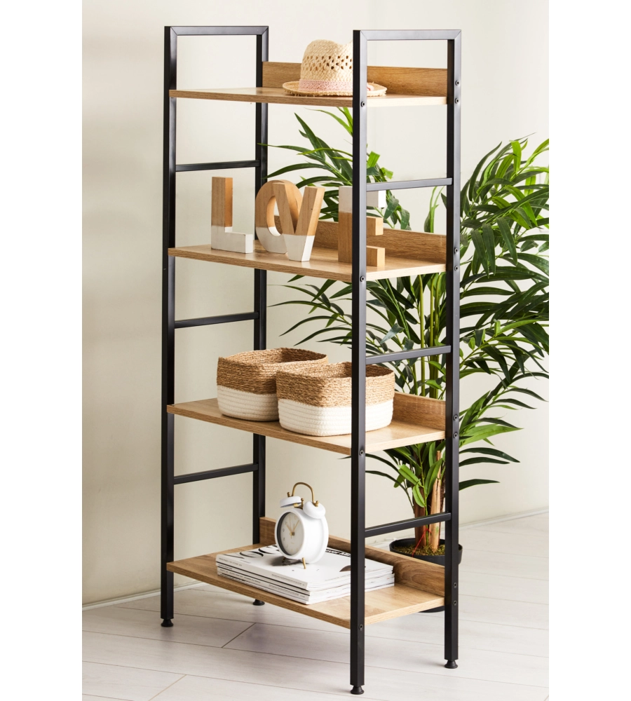 LIBRERIA IN METALLO NERO E LEGNO CON 4 RIPIANI, 60X27,6X126 CM