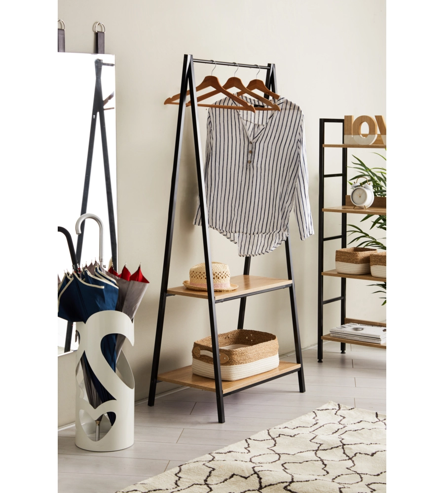 STENDER APPENDIABITI IN METALLO NERO E LEGNO CON 2 RIPIANI, 64X40X150 CM