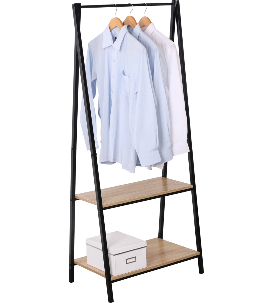 STENDER APPENDIABITI IN METALLO NERO E LEGNO CON 2 RIPIANI, 64X40X150 CM