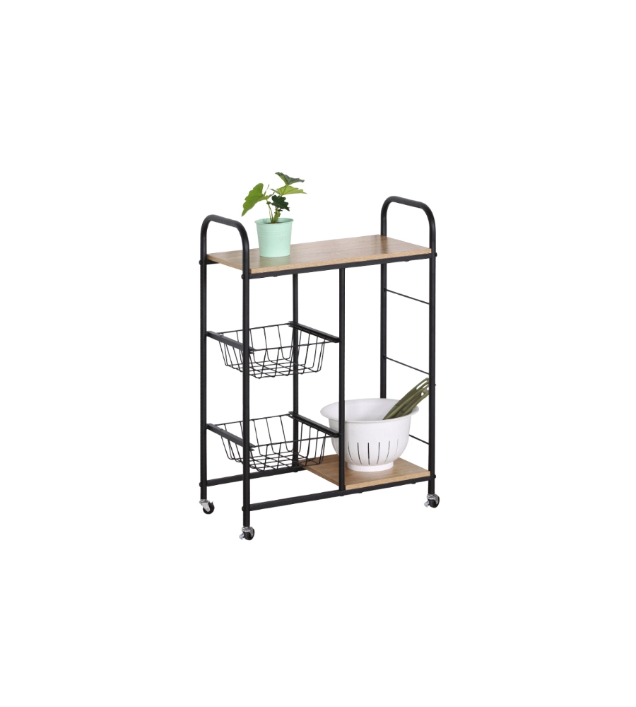 CARRELLO DA CUCINA LEGNO E METALLO NERO CON RUOTE, 57X30X85 CM