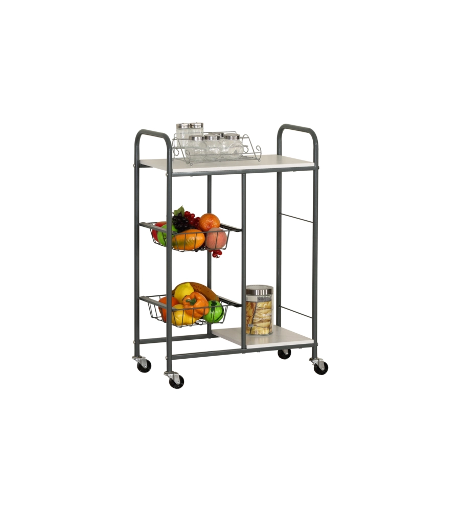 CARRELLO DA CUCINA BIANCO E GRIGIO CON RUOTE, 57X30X85 CM