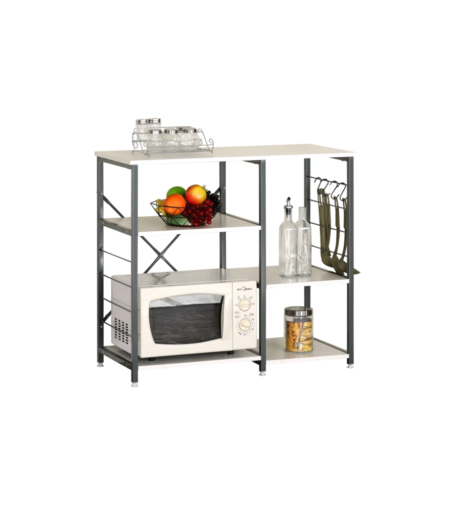 BANCO DA CUCINA IN METALLO BIANCO E GRIGIO CON 5 RIPIANI, 90X40X82 CM