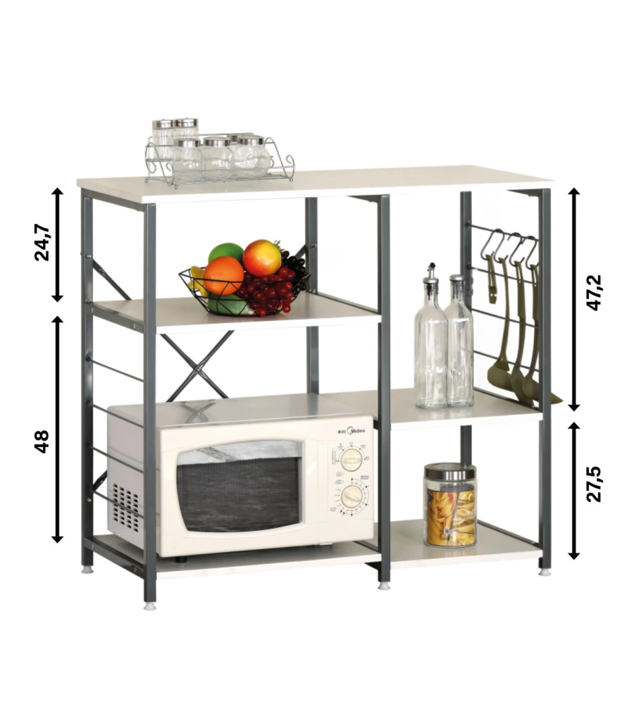 BANCO DA CUCINA IN METALLO BIANCO E GRIGIO CON 5 RIPIANI, 90X40X82 CM