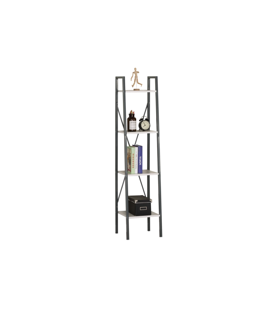 LIBRERIA STRETTA IN METALLO NERO E 4 RIPIANI BIANCHI, 34X32X148 CM