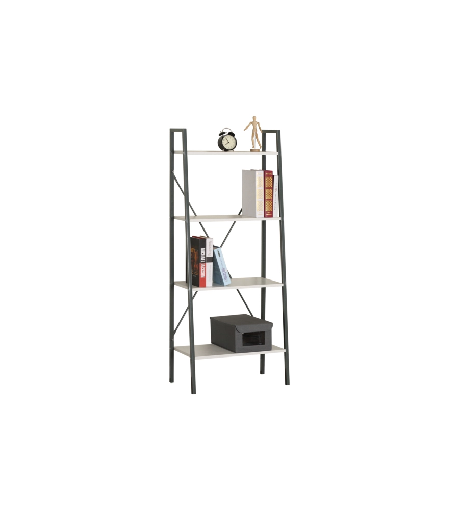 LIBRERIA IN METALLO BIANCA E GRIGIA CON 4 RIPIANI, 60X32X148 CM