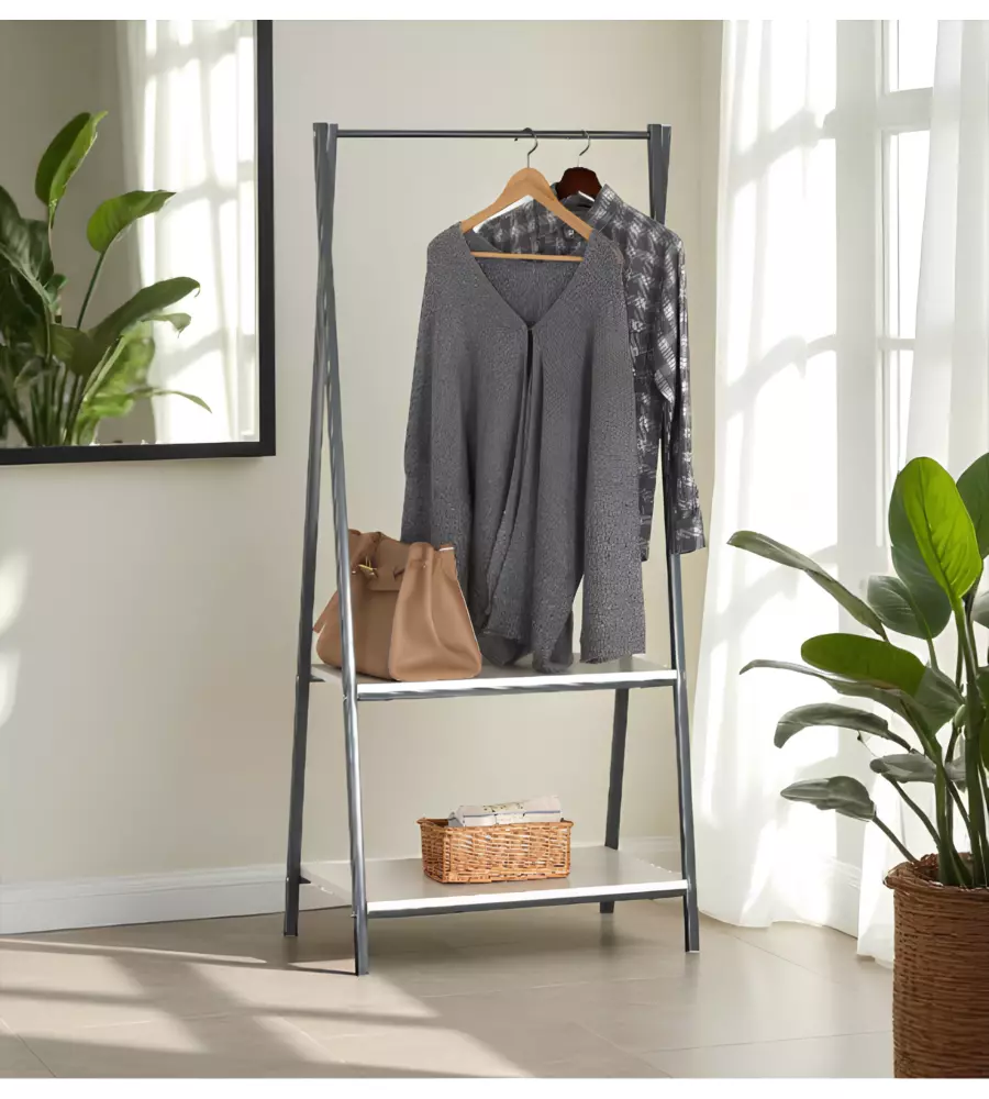MOBILE DA INGRESSO CON DUE RIPIANI IN METALLO GRIGIO SCURO E BIANCO 64X40X150 CM