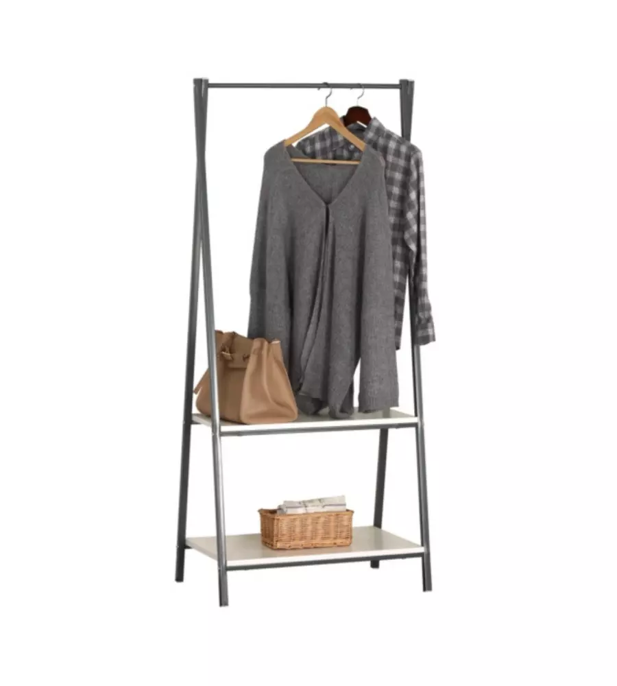 MOBILE DA INGRESSO CON DUE RIPIANI IN METALLO GRIGIO SCURO E BIANCO 64X40X150 CM